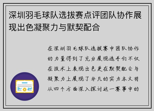 深圳羽毛球队选拔赛点评团队协作展现出色凝聚力与默契配合